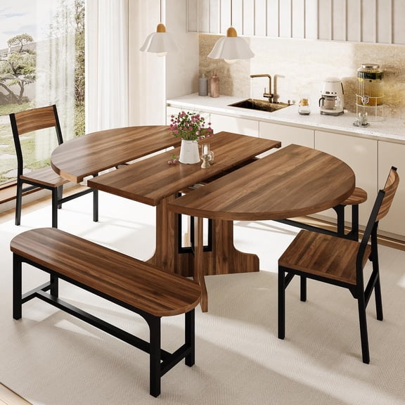 5-Piece Round Dining Table Set for 4-6,59" Extendable Dining Room Table Set with 2 Ergonomic Chairs & 2 Benches,Oval Modern Kitchen Table with Metal Frame & MDF Board,Space-Saving,Walnut
