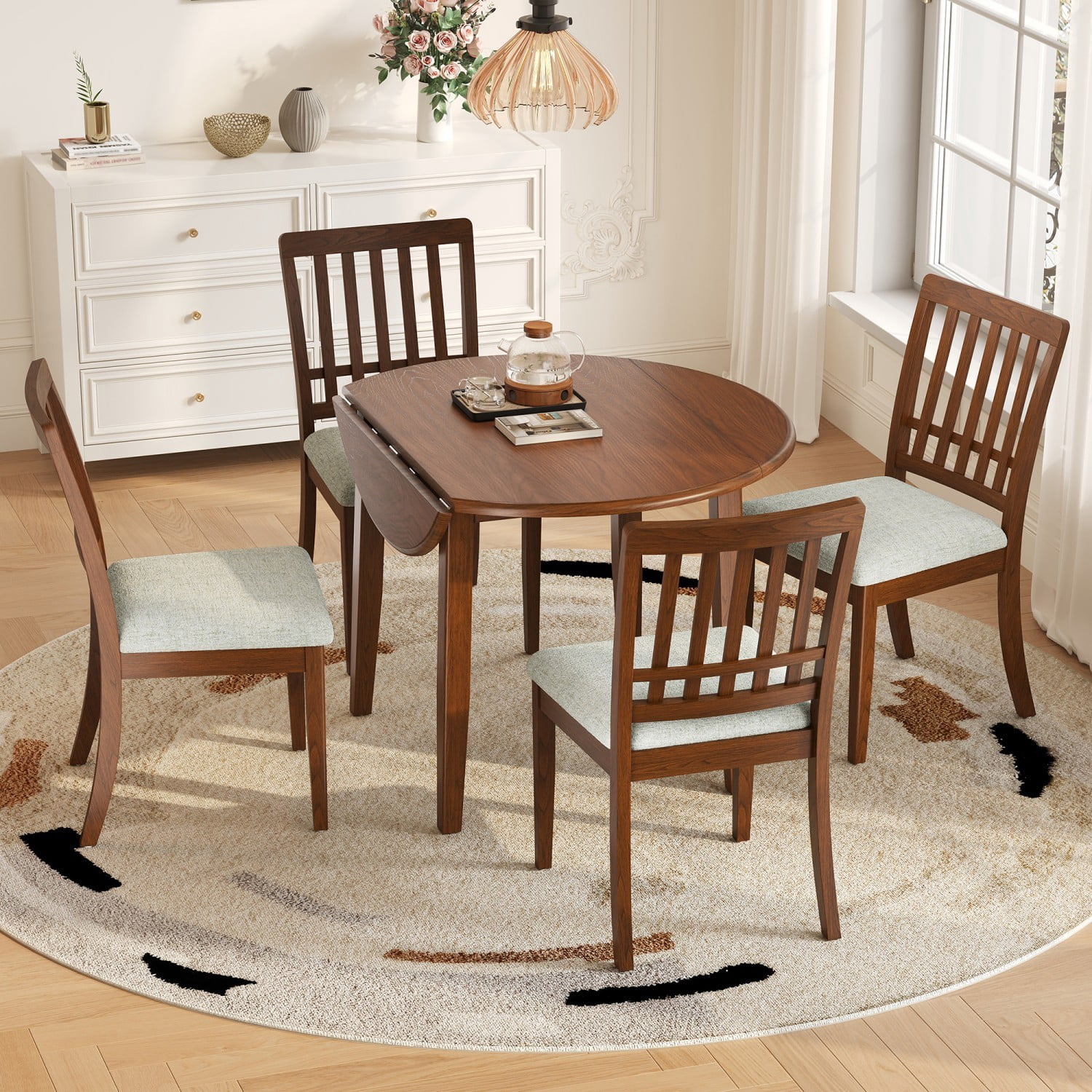 5-Piece Round Dining Table Set for 4 People Folding Wood Dining Table with 4 Upholstered Chairs Space Saving Dining Set for Small Apartment Kitchen Dining Area, Brown