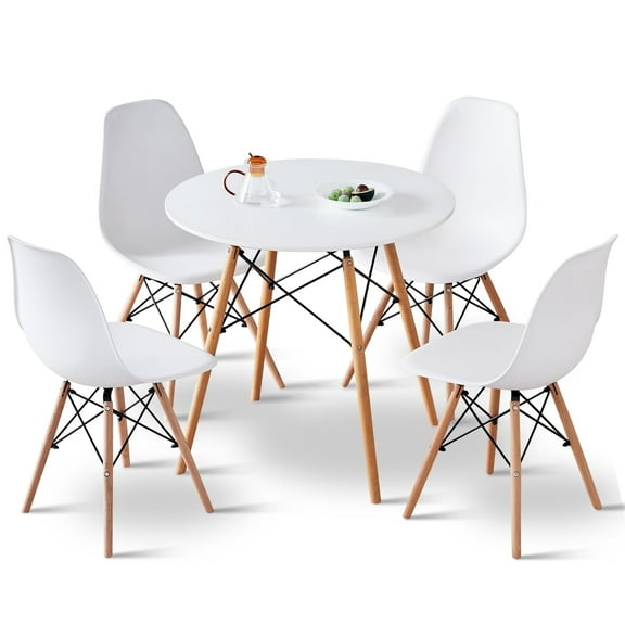 5 Piece Round Dining Table Set for 4, Mid-Century Modern Kitchen Table with 4 Chairs for Home, Apartment, Plastic Seats, Space Saving, Wood Legs