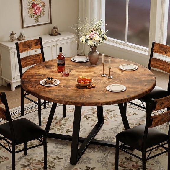 5-Piece Round Dining Table Set for 4, Space-Saving Wooden Kitchen Table with 4 Comfort Upholstered Chairs, Ideal Compact Circle Set for Small Apartments and Dining Rooms