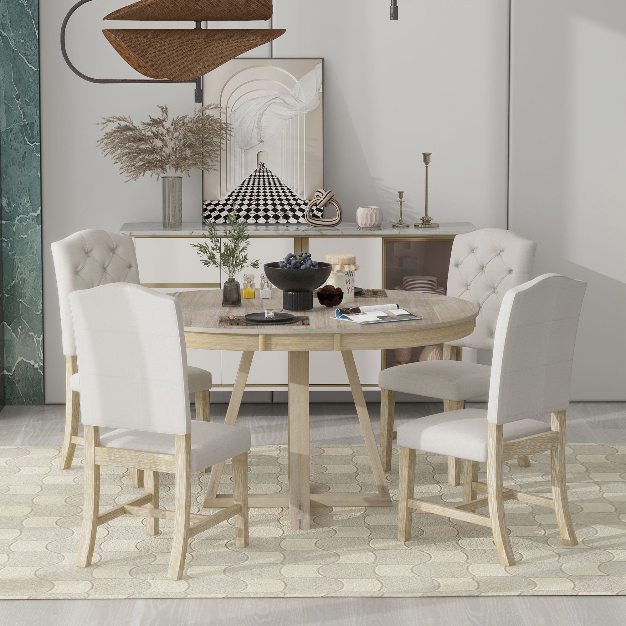5 Piece Round Dining Table Set, Atumon Dining Room Set with Extendable ...