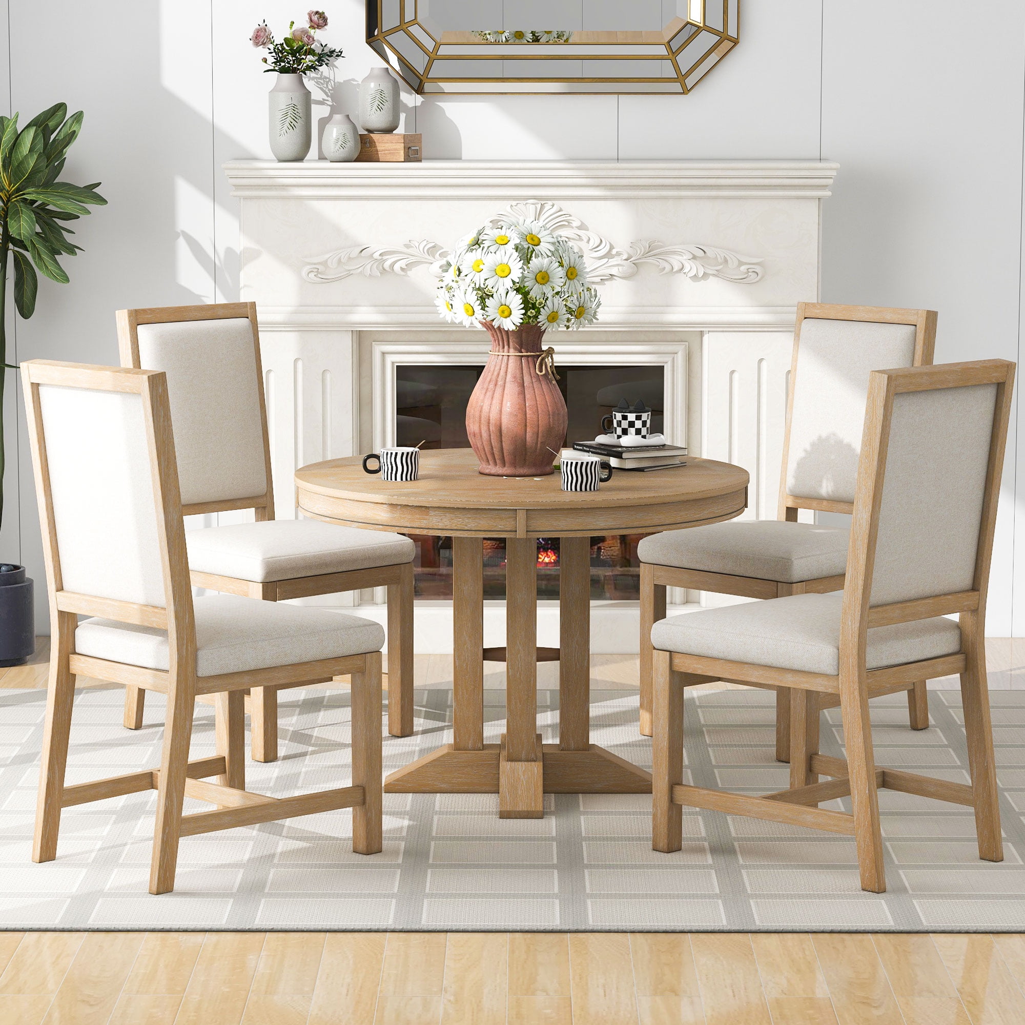5 Piece Round Dining Table Set, Atumon Dining Room Set with Extendable Table and 4 Upholstered ...