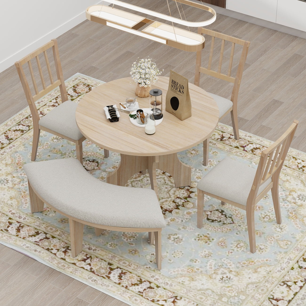 5-Piece Round Dining Table Set, Round Dining Table with Curved Bench ...