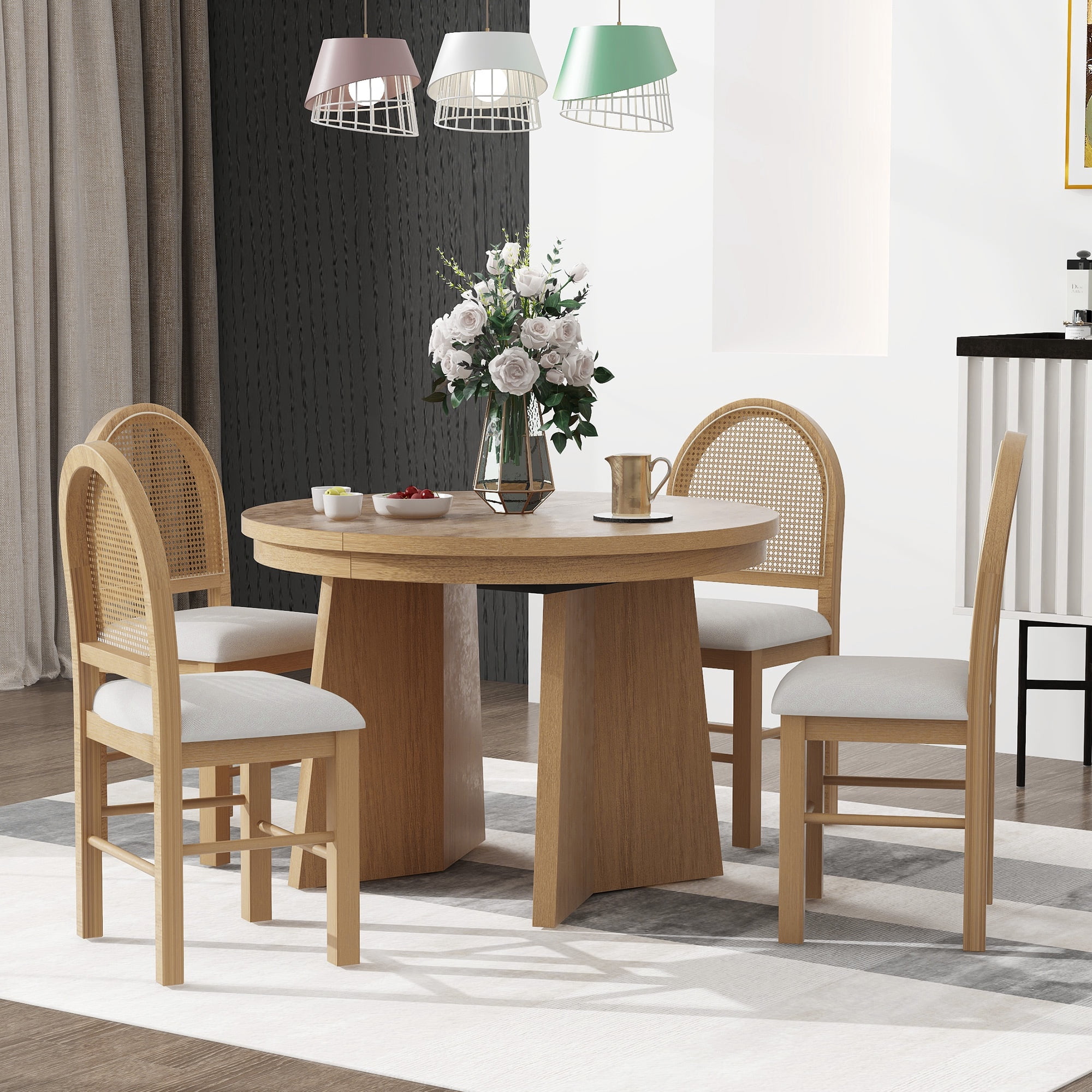5 Piece Round Dining Table Set, Dining Room Set with Extendable Table ...