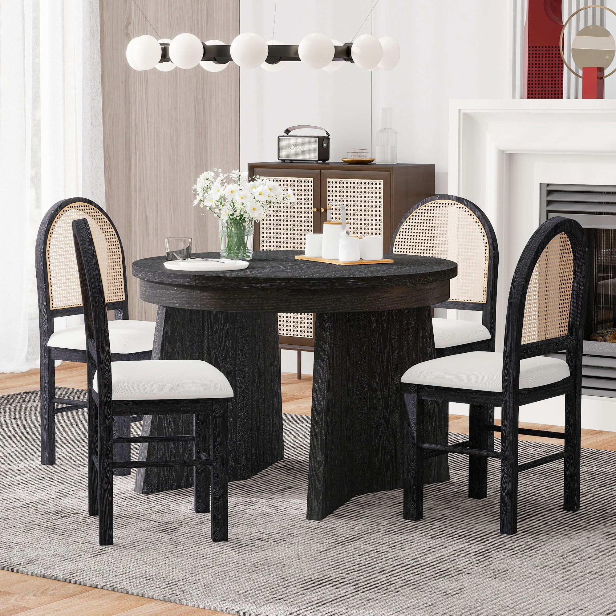 5 Piece Round Dining Table Set, Dining Room Set with Extendable Table ...