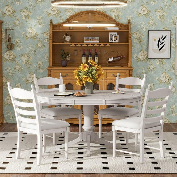 5 Piece Round Dining Table Set, Dining Room Set with Extendable Table and 4 Upholstered Chairs, Wood Dining Table Set for 4, Farmhouse Dining Table Set for Kitchen Dining Room Dorm Apartment, White