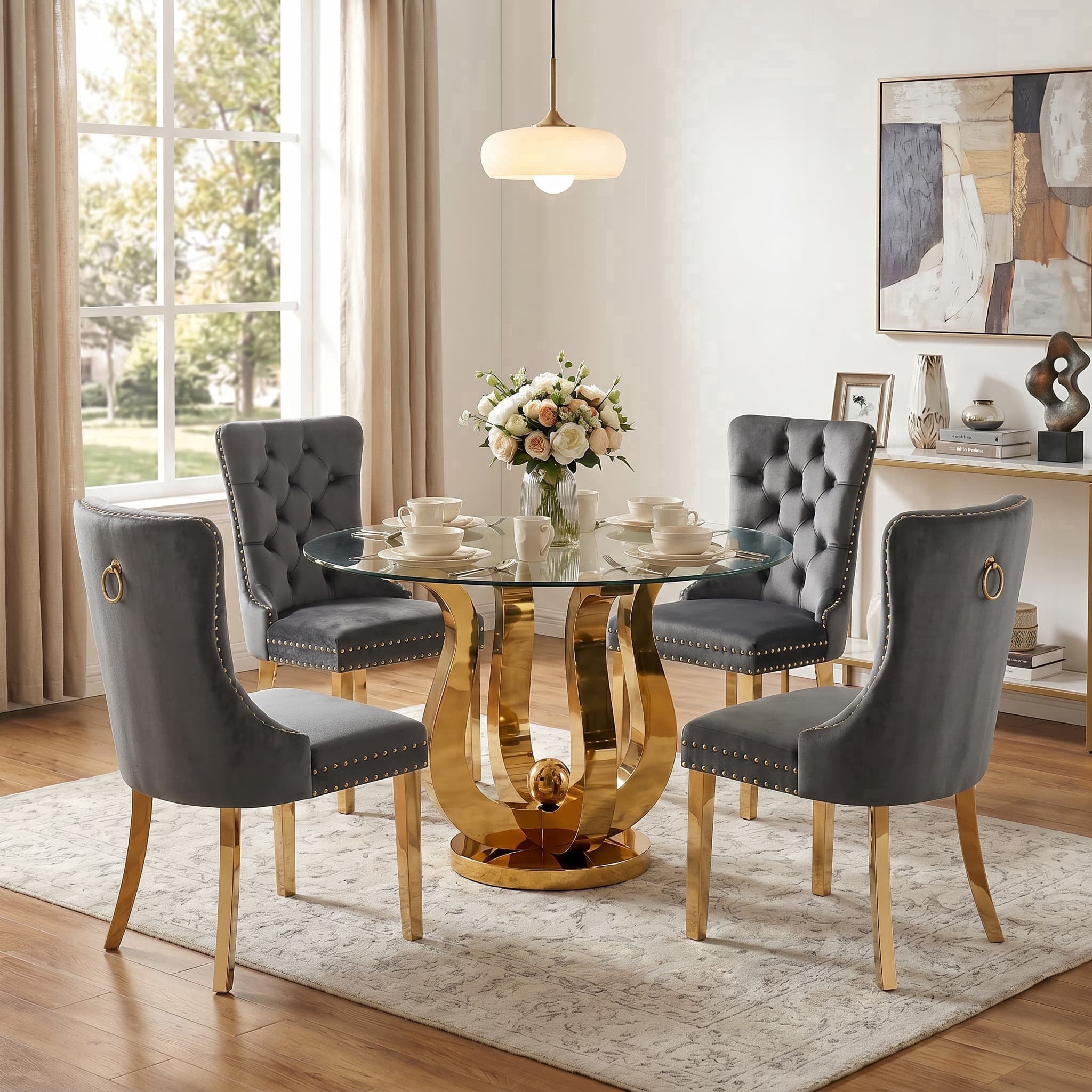 5-Piece Round Dining Table Set, Elegant Floral Stainless Steel Base with 47" Tempered Glass Top, 4 Velvet Tufted Dining Chairs, for Dining Rooms, Apartments