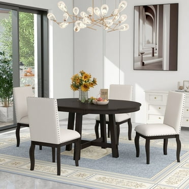 5 Piece Round Dining Table Set, HANSHE Dining Set with Extendable Table and 4 Upholstered Chairs, Wooden Dining Table Set for 4, Dining Table Set for Kitchen Dining Room Dorm Apartment, Espresso