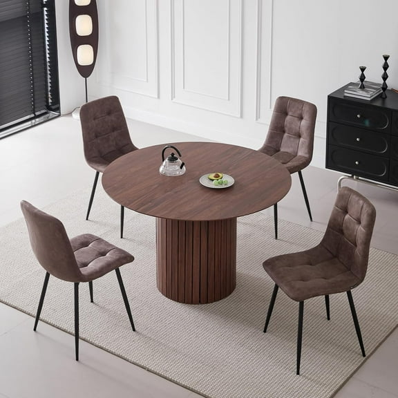 5 Piece Round Dining Table Set - Mid-Century 47 inch Dining Table with 4 Faux Leather Chairs Set, Dinner Table & Chair with Metal Legs for Kitchen Dining Room, Apartment, Bedroom, Brown