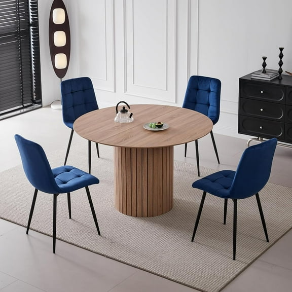 5 Piece Round Dining Table Set - Mid-Century 47 inch Oak Dining Table with 4 Blue Velvet Chairs Set, Dinner Table & Chair with Metal Legs for Kitchen Dining Room, Apartment, Bedroom