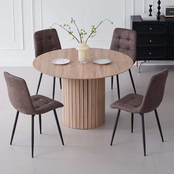 5 Piece Round Dining Table Set - Mid-Century 47 inch Oak Dining Table with 4 Brown Faux Leather Chairs Set, Dinner Table & Chair with Metal Legs for Kitchen Dining Room, Apartment, Bedroom