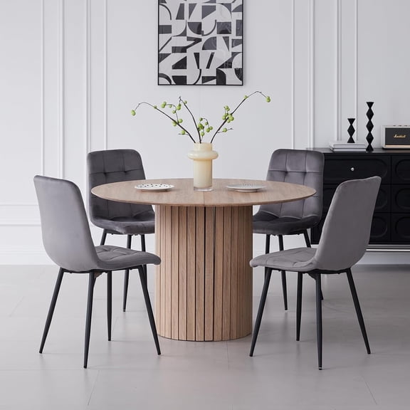5 Piece Round Dining Table Set - Mid-Century 47 inch Oak Dining Table with 4 Gray Velvet Chairs Set, Dinner Table & Chair with Metal Legs for Kitchen Dining Room, Apartment, Bedroom