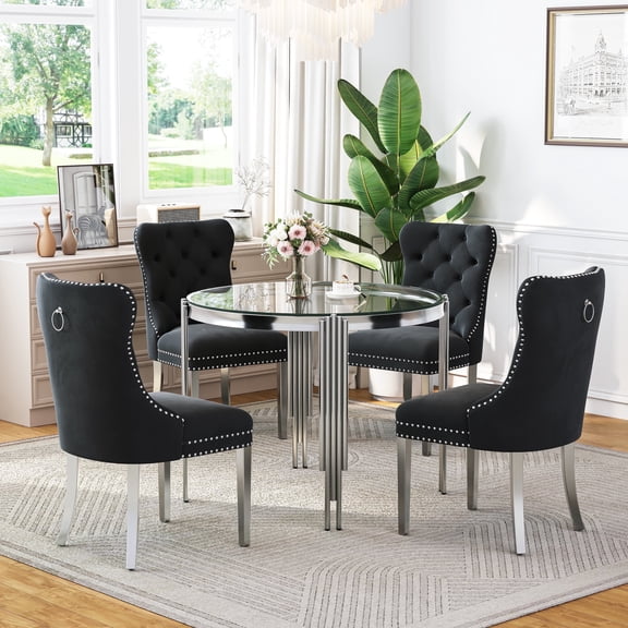 5-Piece Round Dining Table Set, Modern Glass Table Irregular Table Legs, and 4 Velvet Tufted Chairs for Kitchens, Living Rooms, Small Spaces
