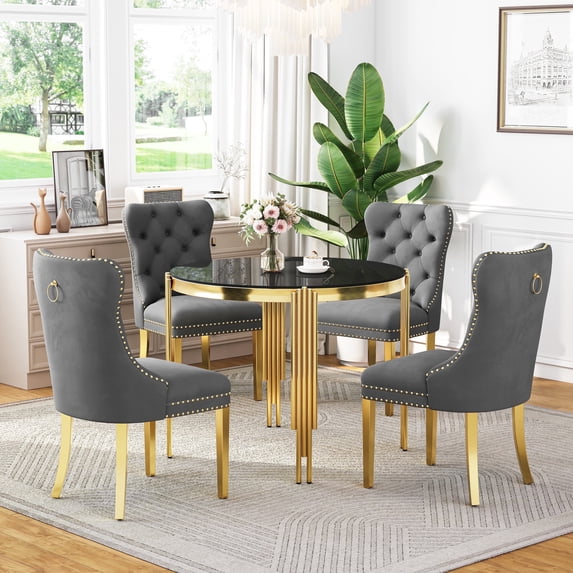 5-Piece Round Dining Table Set, Modern Glass Table Irregular Table Legs, and 4 Velvet Tufted Chairs for Kitchens, Living Rooms, Small Spaces