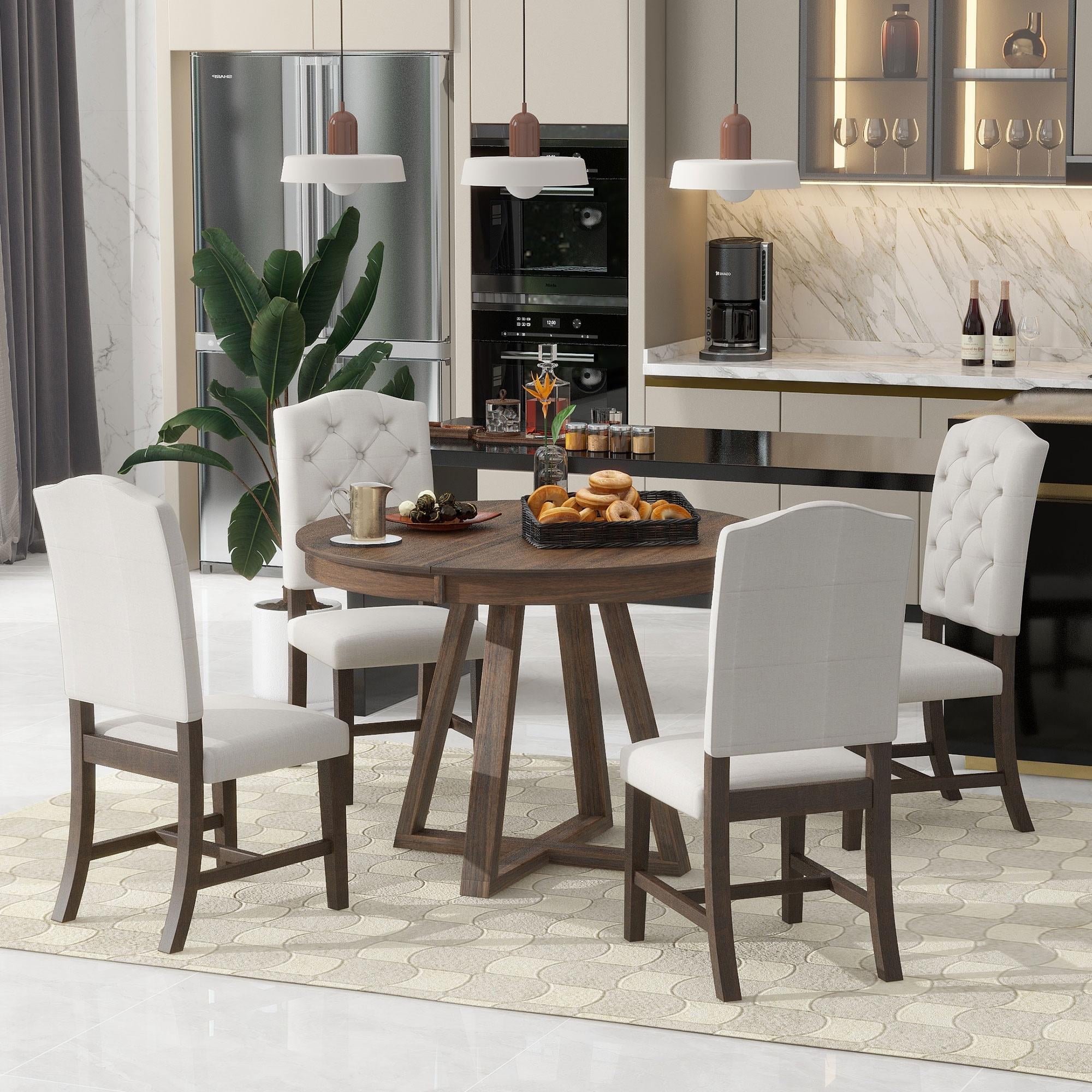5 Piece Round Dining Table Set, TUANLUO Dining Room Set with Extendable ...