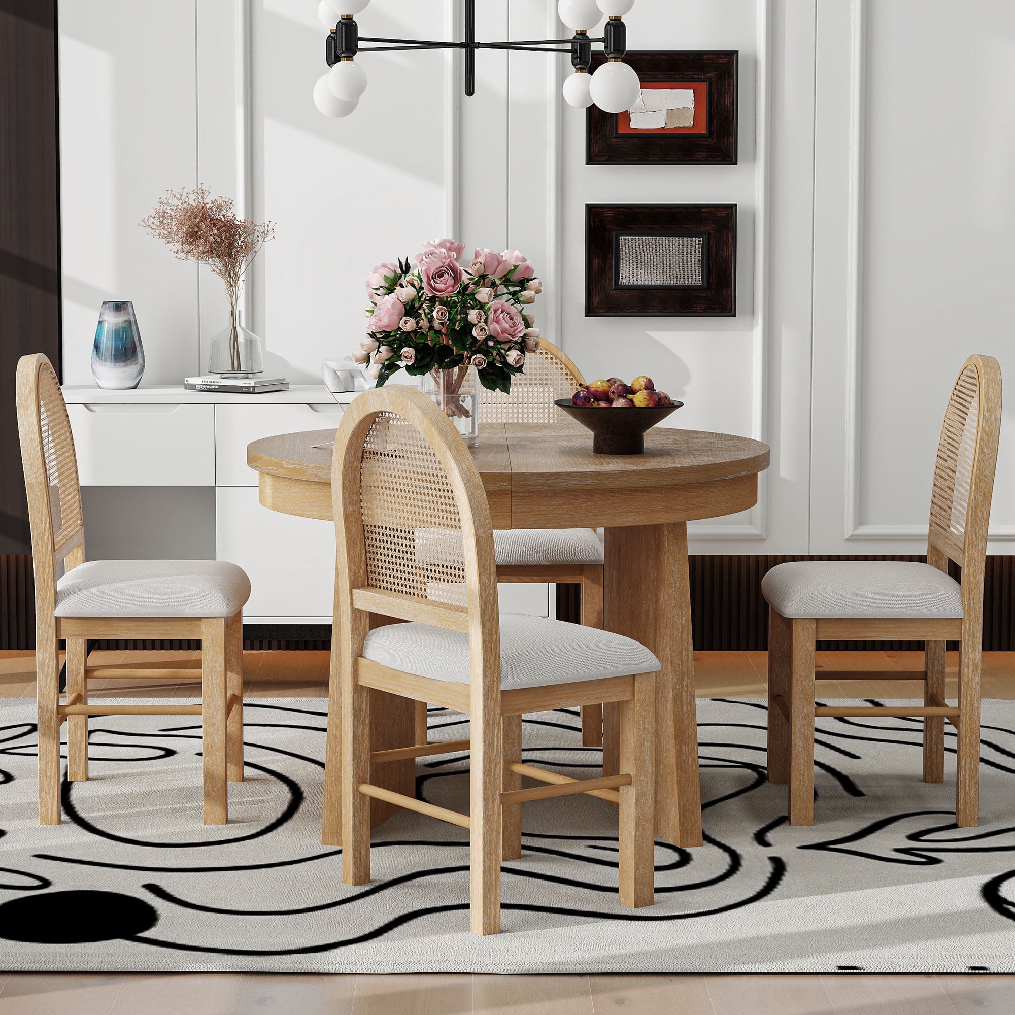 5 Piece Round Dining Table Set, TUANLUO Dining Room Set with Extendable ...