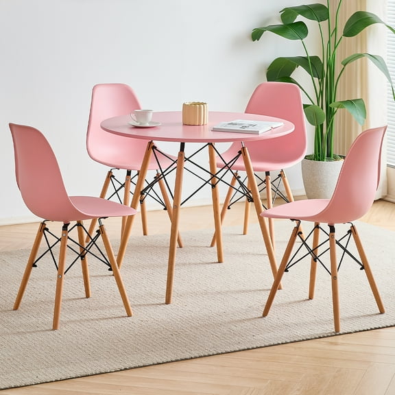 5 Piece Round Dining Table Set for 4, 31.5"Mid-Century Modern Kitchen Table with 4 Chairs for Home, Apartment, Plastic Seats, Space Saving, Wood Legs