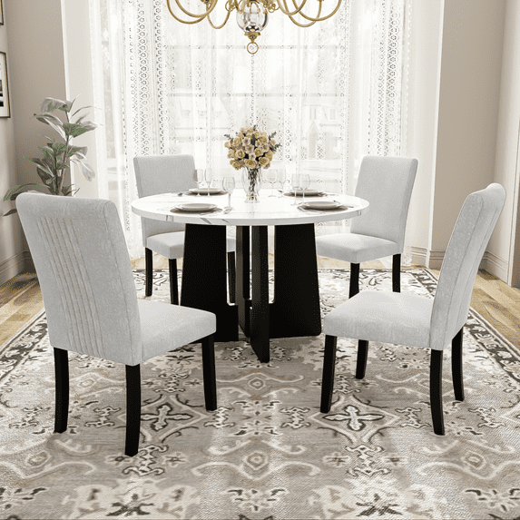 5-Piece Round Dining Table Set for 4, 43-Inch Modern Kitchen Table with 4 Upholstered Chairs, Solid Wood & MDF Dining Room Furniture Set