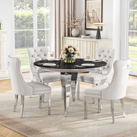 5-Piece Round Dining Table Set for 4, 46.85" Black Tempered Glass Table with Velvet Chairs, Modern Kitchen & Dining Furniture