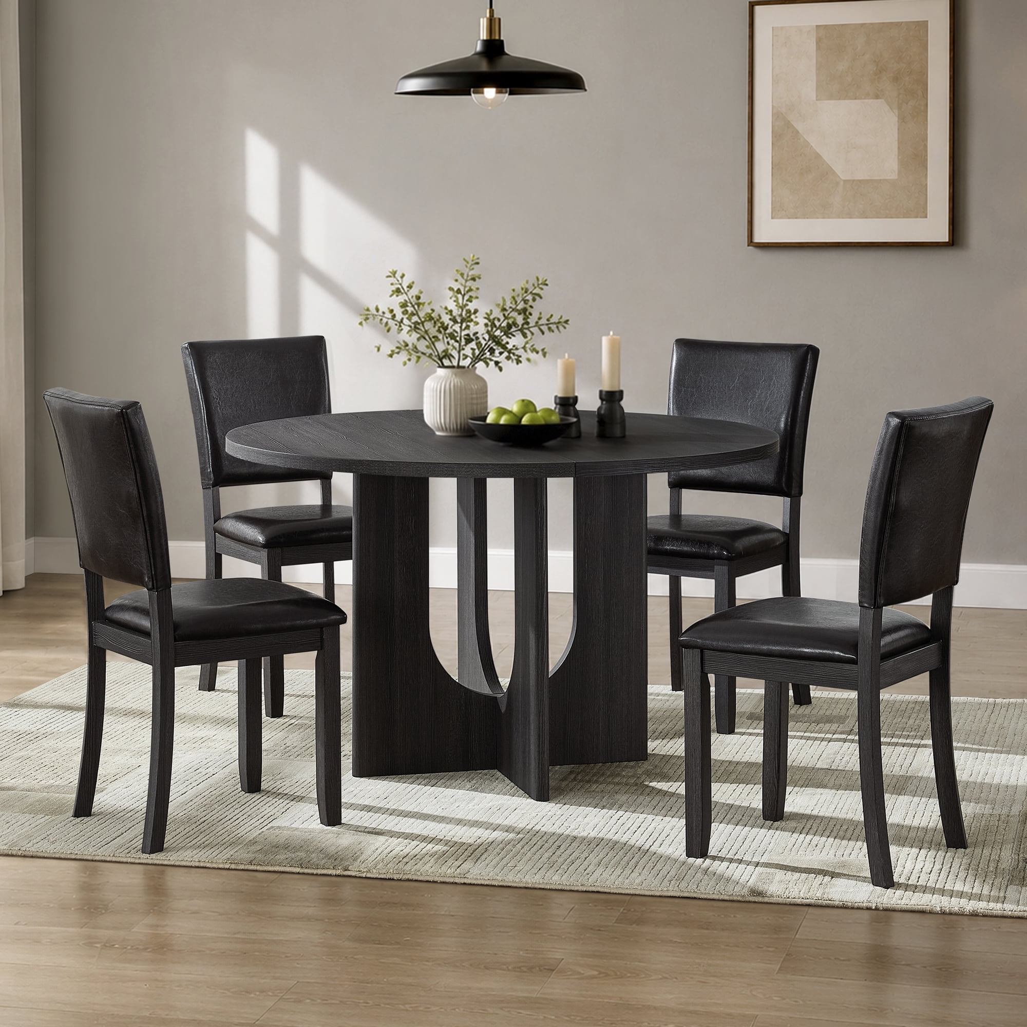 5-Piece Round Dining Table Set for 4-6, 47.3" Wood Round Table with 4 PU Leather Chairs