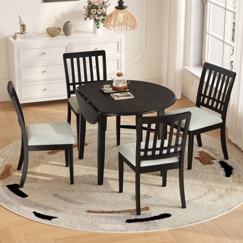 5-Piece Round Dining Table Set for 4, Folding Drop Leaf Table with 4 Upholstered Chairs, Space-Saving Design for Small Apartments, Black