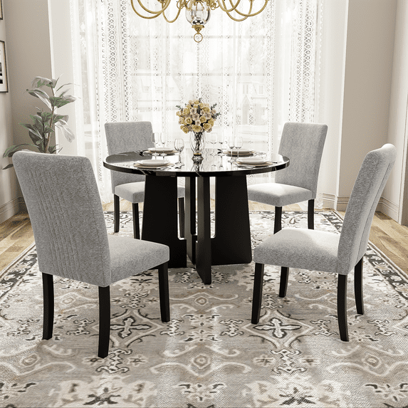 5-Piece Round Dining Table set, Modern MarbleTexture Dining Table and 4 Upholstered Chairs for Dining Room, Kitchen Room, Living Room, Easy Assembly