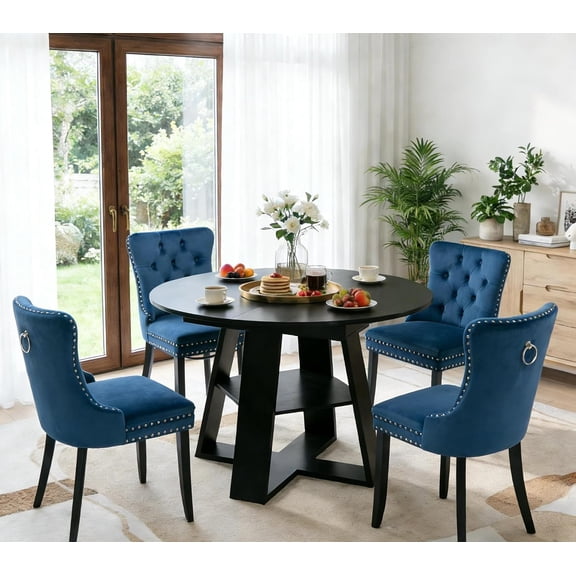 5 Piece Round Extendable Dining Table Set for 4, 43"-59" Black Wood Oval Expanding Kitchen Table with 4 Velvet Tufted Chairs, Space Saving Extendable Dining Room Tables with Storage Shelf