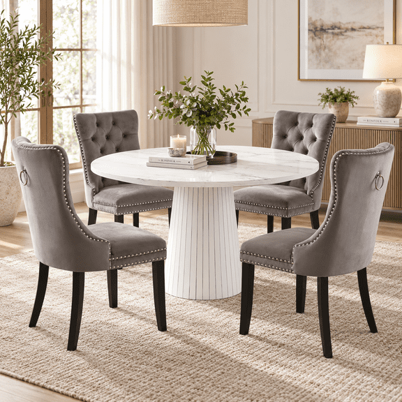 5-Piece Round Farmhouse Dining Table Set, 47" White Marble Kitchen Table with 4 Velvet Upholstered Dining Chairs, Wooden Table Set for Dinner Table for Kitchen and Dining Room