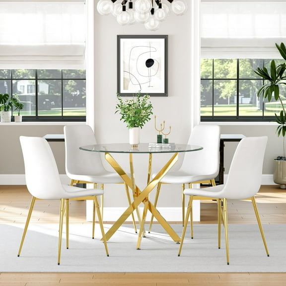 5-Piece Round Glass Dining Table Set, 36" Transparent Tempered Glass Top with 4 Gold-White Velvet Dining Chairs, for Kitchen, Living Room, Small Spaces