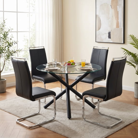 Sumdeal 5-Piece Round Glass Dining Table Set with 4 Black PU High-Back Chairs