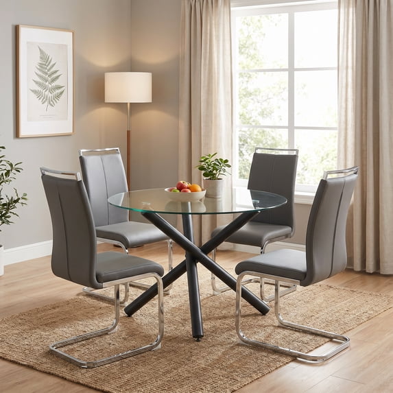 Sumdeal 5-Piece Round Glass Dining Table Set with 4 Dark Gray PU High-Back Chairs