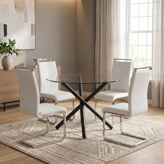 Sumdeal 5-Piece Round Glass Dining Table Set with 4 White PU High-Back Chairs