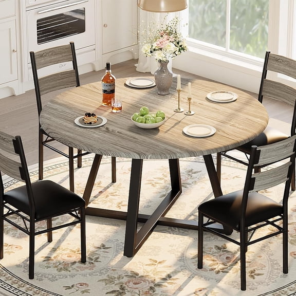 5-Piece Round Kitchen Set for 4 – Rustic Gray Wood Dining Table & Upholstered Chairs, Compact Design for Small Dining Rooms