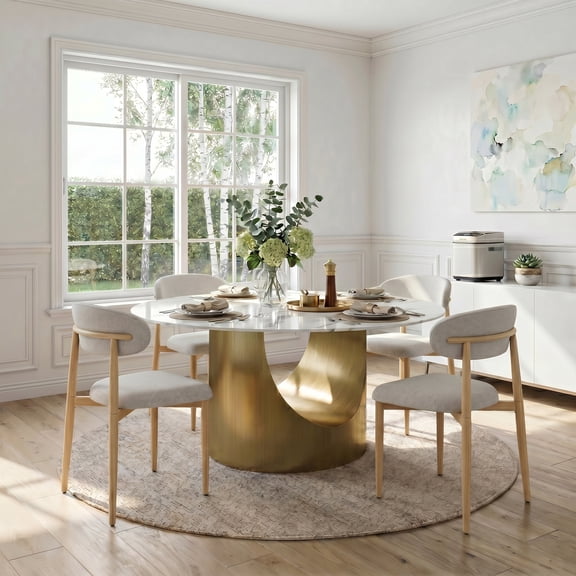5-Piece Round Marble Dining Table Set, 59" Sintered Stone Table with Gold Metal Base, 4 Upholstered Chairs, for Kitchen Dining Room