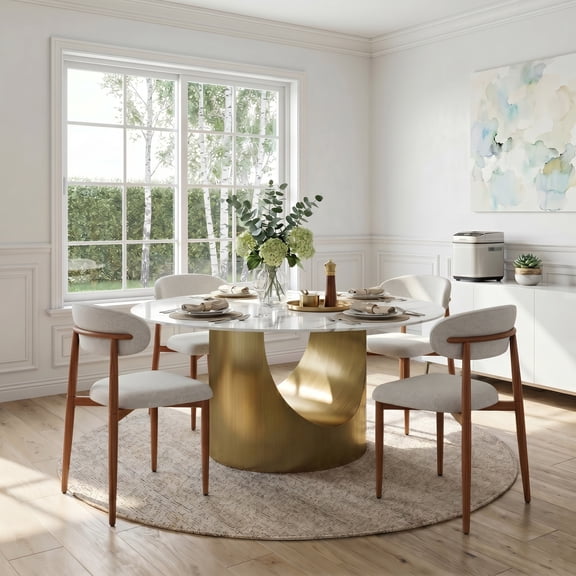 5-Piece Round Marble Dining Table Set, 59" Sintered Stone Table with Gold Metal Base, 4 Upholstered Chairs, for Kitchen Dining Room