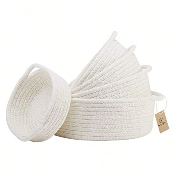 5-Piece Round Small Woven Baskets Set Cotton Rope Baskets for Organizing! Montessori Toys Fruits Remotes Key Tray Bowl for Entryway Desk Shallow Catchall Home Dcor Cat Dog Bin Gift