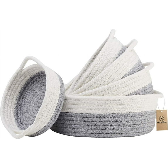 5-Piece Round Small Woven Baskets Set– Cotton Rope Baskets for Organizing! Montessori Toys, Fruits Remotes Key Tray Bowl for Entryway Desk, Shallow Catchall Home Décor, Cat Dog Bin Gift