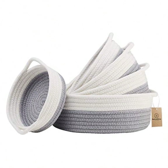 5-Piece Round Small Woven Baskets Set Cotton Rope Baskets for Organizing! Montessori Toys Fruits Remotes Key Tray Bowl for Entryway Desk Shallow Catchall Home Dcor Cat Dog Bin Gift