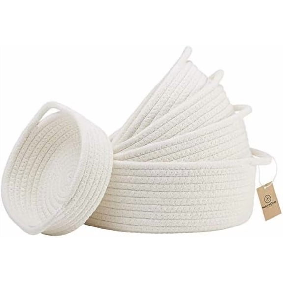 5-Piece Round Small Woven Baskets Set– Cotton Rope Baskets for Organizing! Montessori Toys, Fruits Remotes Key Tray Bowl for Entryway Desk, Shallow Catchall Home Décor, Cat Dog Bin Gift