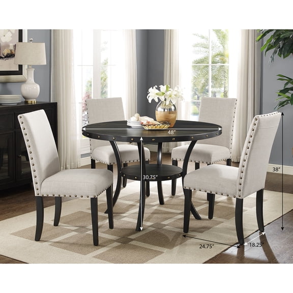 5-Piece Round Solid Wood Dining Set | For Intimate Dining Experiences | Metal Legs and Studded Trim | Linen Upholstered Chairs