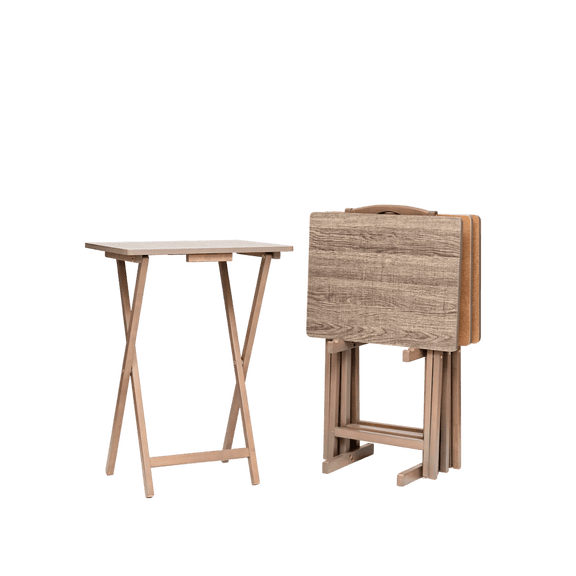 5-Piece Rubberwood Folding TV Tray Table Set of 4 with Storage Rack, Rustic Gray