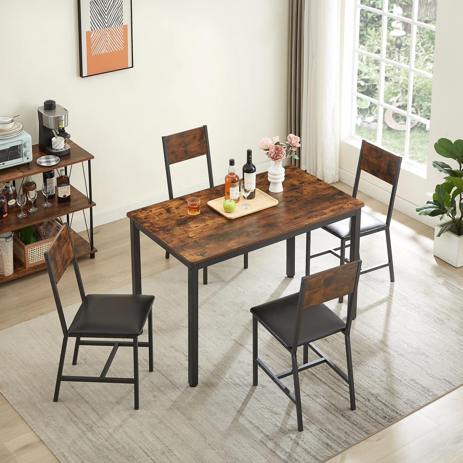 5Piece Rustic Brown Dining Set Industrial Style, HeavyDuty Steel