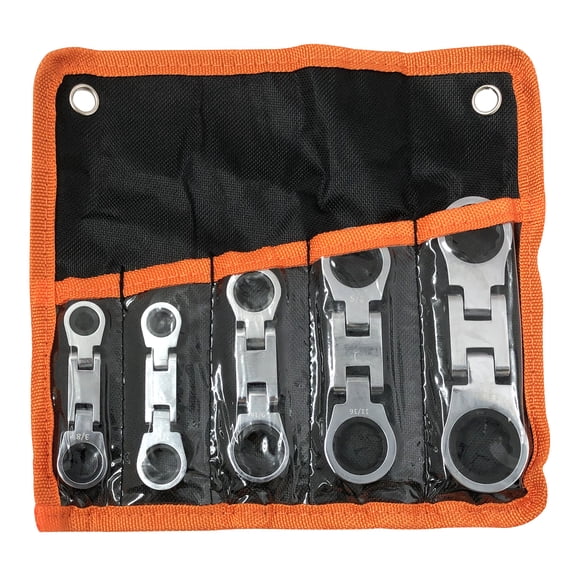 5-Piece SAE Flex Head Ratcheting Wrench Set, precision tool, reversible 72-tooth 180 pivoting head, constructed from chrome vanadium steel, ideal for automotive and industrial repair.