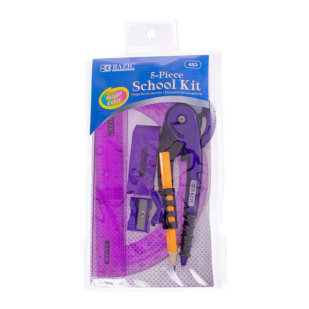 5 Piece School Kit with Zipper Pouch Colored Compass, Protractor