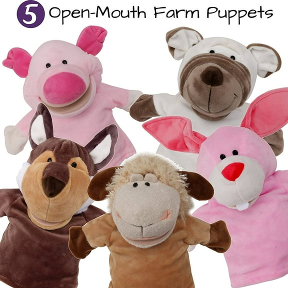 5-Piece Set Animal Hand Puppets with Open Movable Mouth / Zoo, Safari, Farm, Jungle / Rabbit, Sheep, White Dog, Pig and Wolf