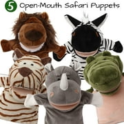 5-Piece Set Animal Hand Puppets with Open Movable Mouth / Zoo, Safari, Farm, Jungle / Tiger, Rhino, Lion, Crocodile and Zebra