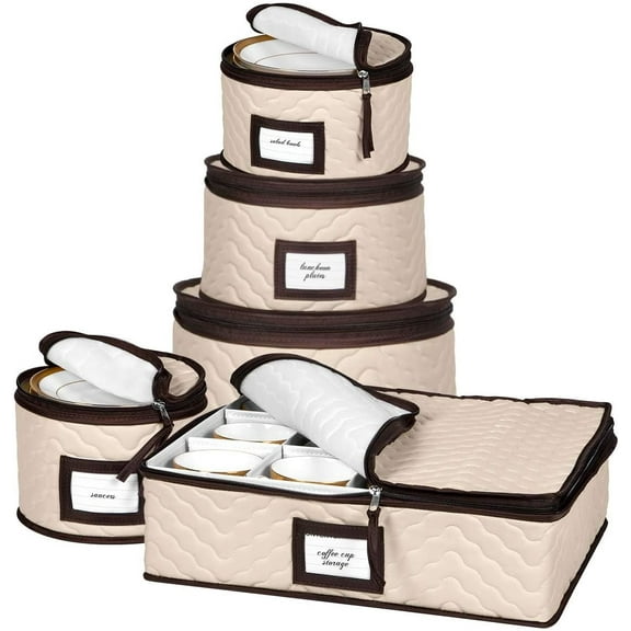 5-Piece Set China Storage Containers, Moving Boxes for Dinnerware, Glasses, Plates, Mugs and Saucers – Sturdy Quilted Microfiber Dish Organizer with Dividers for Seasonal Storage, Holds Set of 12