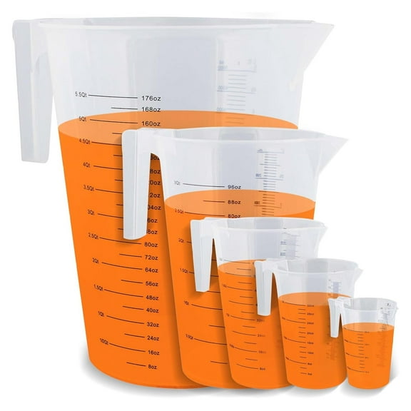 5 Piece Set of Graduated Paint Mixing Pitchers Quart and Gallon Sized Mixing Cups - 5000 ml, 3000 ml, 2000 ml, 1000 ml, 500 ml Plastic Mixing Cups for Paint, Resin, Epoxy and Home Kitchen and