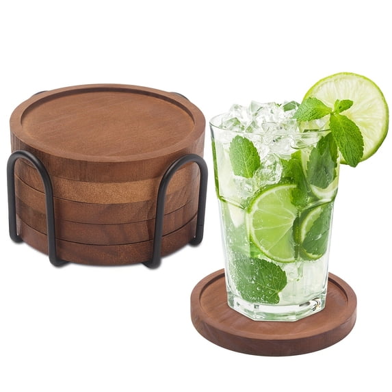 5-Piece Set of Natural Wood Beverage Coasters with Storage Holder | Rustic Tabletop Decor for Contemporary Homes, Protective Surface Coverings for Drinks, Perfect for Holiday Gatherings