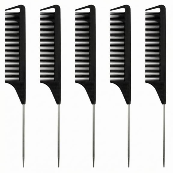 5-Piece Set of Rat Tail Comb, Heat Resistant Carbon Fiber Hair Rat Tail Comb, Stainless Steel Pintail, Fine Tooth Teasing Comb for Detangling and Parting for Professional Styling